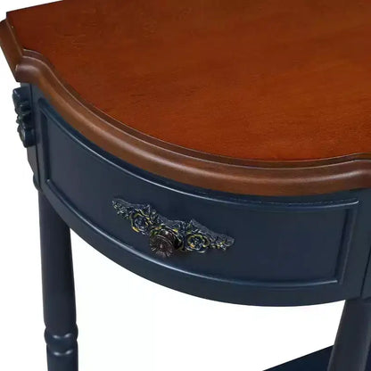 Hostack Table console rétro incurvée en bois de 52 po avec étagère ouverte et 2 tiroirs pour le salon et le couloir, bleu marine et dessus marron