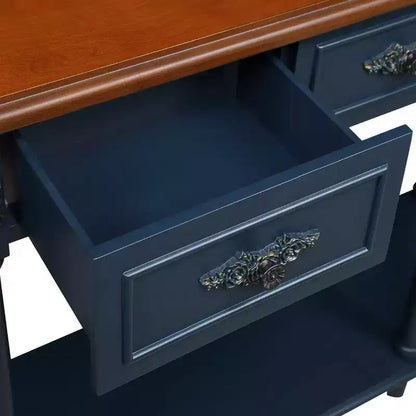 Hostack Table console rétro incurvée en bois de 52 po avec étagère ouverte et 2 tiroirs pour le salon et le couloir, bleu marine et dessus marron