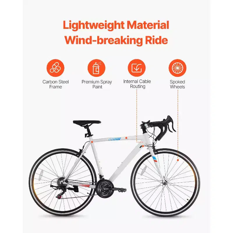 Vélo de route VEVOR, roues 700C, vélo de course, transmission SHIMANO 21 vitesses, vélo de route urbain avec cadre en acier au carbone, blanc