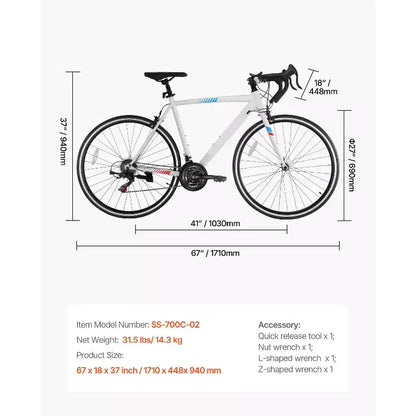 Vélo de route VEVOR, roues 700C, vélo de course, transmission SHIMANO 21 vitesses, vélo de route urbain avec cadre en acier au carbone, blanc