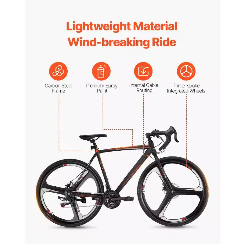 VEVOR Road Bike, 700C Wheels Racing Bike, SHIMANO 21 Speeds Drivetrain System City Commuter Road Bicycle with Carbon Steel Frame, Black