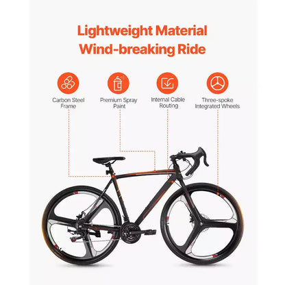VEVOR Road Bike, 700C Wheels Racing Bike, SHIMANO 21 Speeds Drivetrain System City Commuter Road Bicycle with Carbon Steel Frame, Black