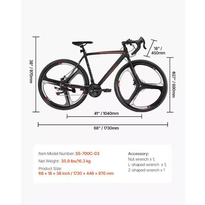 VEVOR Road Bike, 700C Wheels Racing Bike, SHIMANO 21 Speeds Drivetrain System City Commuter Road Bicycle with Carbon Steel Frame, Black