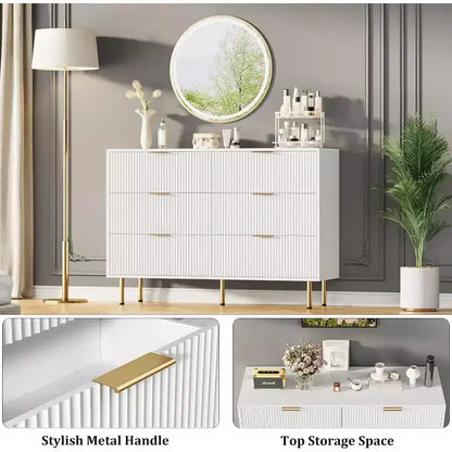Commode à 6 tiroirs, commode en bois, commode de rangement moderne à panneaux cannelés pour salon, chambre à coucher, placard, couloir, entrée