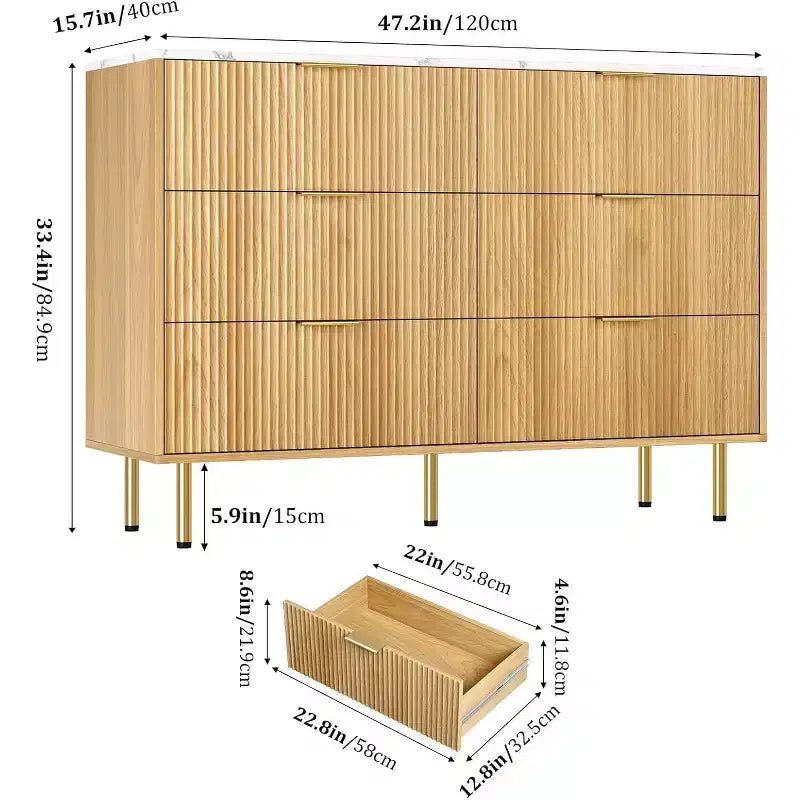 Commode à 6 tiroirs, commode en bois, commode de rangement moderne à panneaux cannelés pour salon, chambre à coucher, placard, couloir, entrée