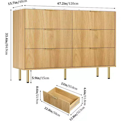 Commode à 6 tiroirs, commode en bois, commode de rangement moderne à panneaux cannelés pour salon, chambre à coucher, placard, couloir, entrée