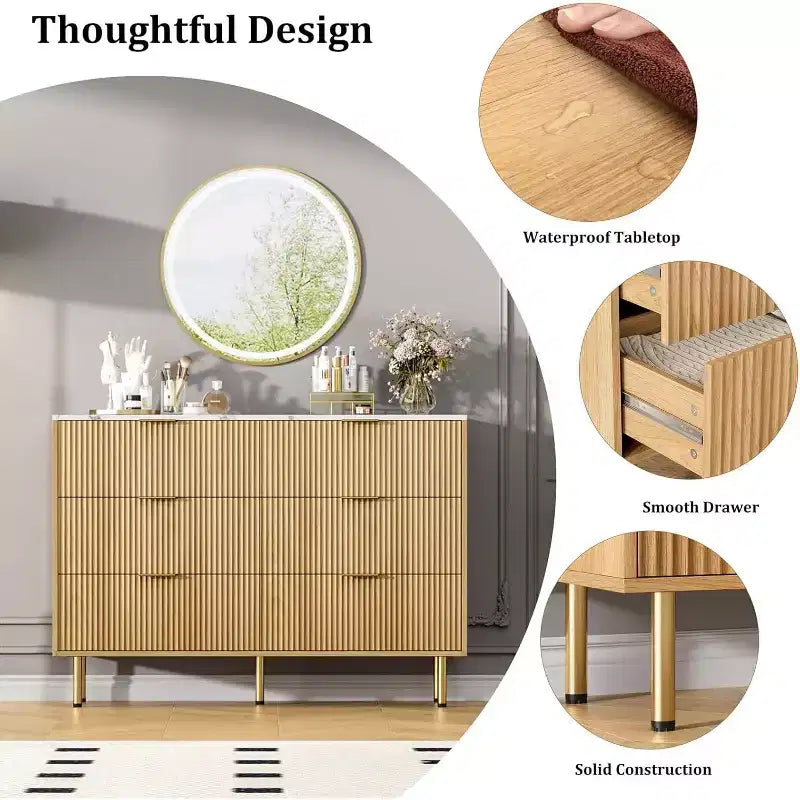 Commode à 6 tiroirs, commode en bois, commode de rangement moderne à panneaux cannelés pour salon, chambre à coucher, placard, couloir, entrée