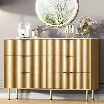 Commode à 6 tiroirs, commode en bois, commode de rangement moderne à panneaux cannelés pour salon, chambre à coucher, placard, couloir, entrée