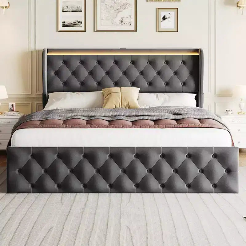 Cadre de lit King Size TROPOW avec tête de lit capitonnée à oreilles et 4 tiroirs, lit plateforme tapissé en velours, pas besoin de sommier tapissier