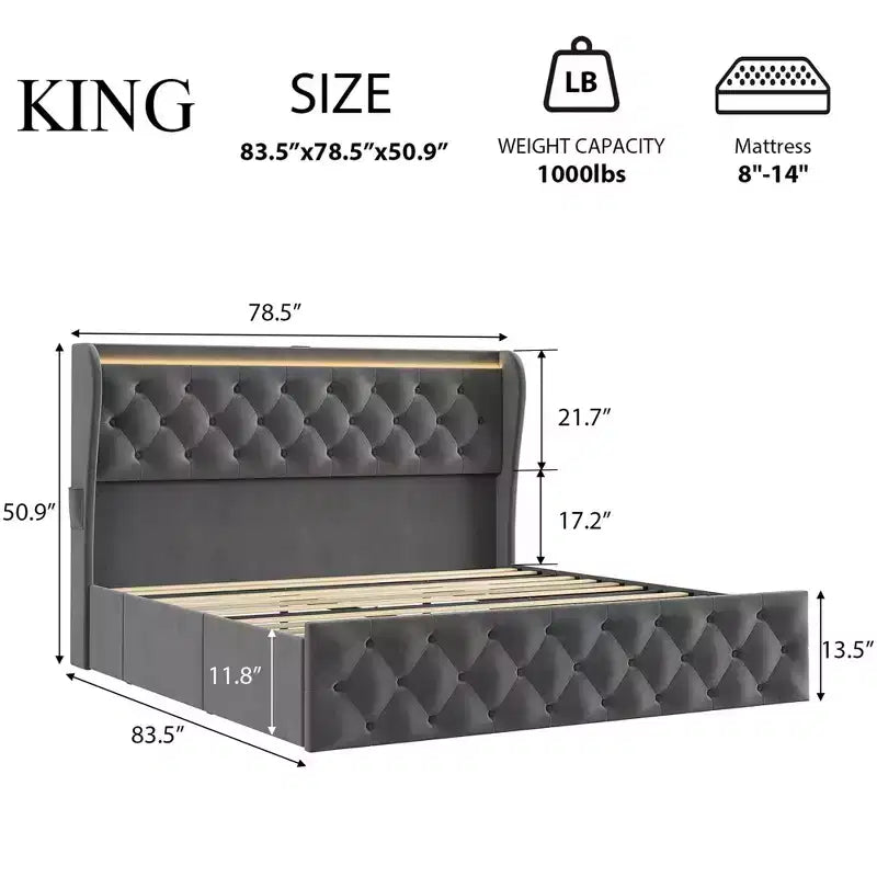 Cadre de lit King Size TROPOW avec tête de lit capitonnée à oreilles et 4 tiroirs, lit plateforme tapissé en velours, pas besoin de sommier tapissier