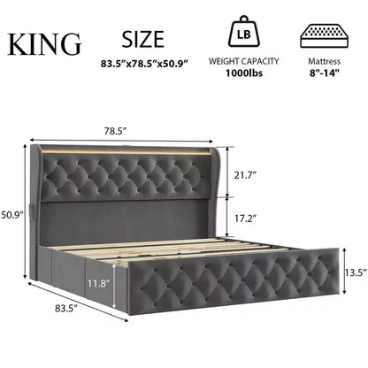 Cadre de lit King Size TROPOW avec tête de lit capitonnée à oreilles et 4 tiroirs, lit plateforme tapissé en velours, pas besoin de sommier tapissier