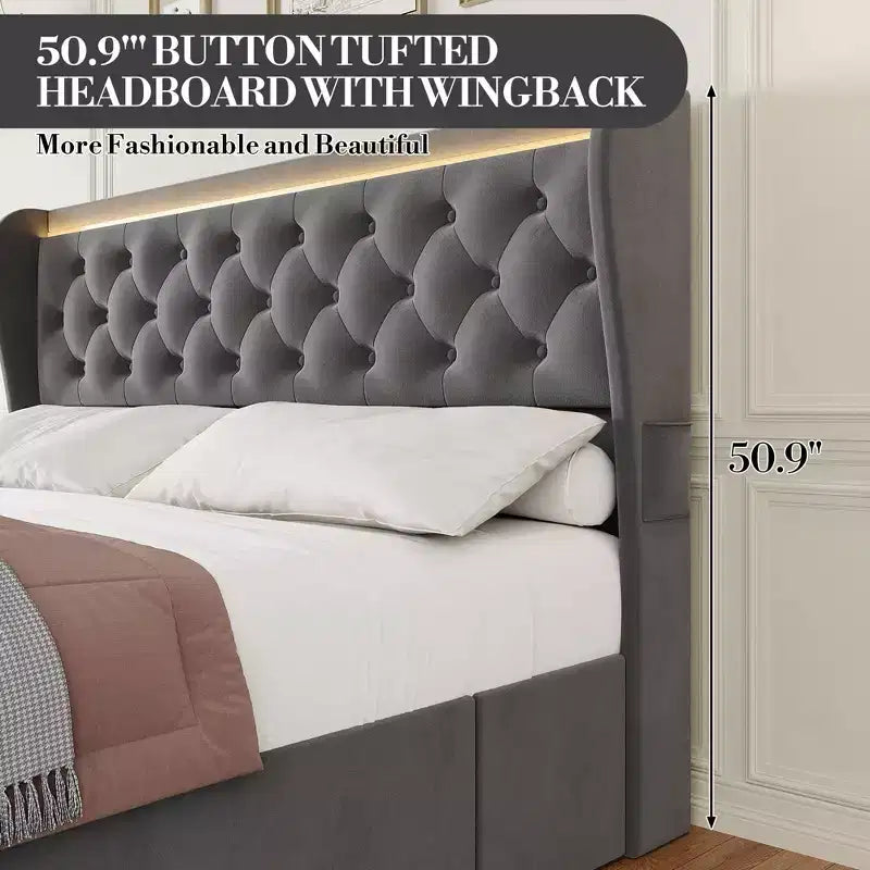 Cadre de lit King Size TROPOW avec tête de lit capitonnée à oreilles et 4 tiroirs, lit plateforme tapissé en velours, pas besoin de sommier tapissier