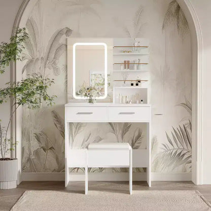 COZONY Vanity Desk with Mirror and Lights, Makeup Vanity Table with 2 Drawers, Open Storage Shelves Cabinet, Adjustable 3 Lighting Modes for Bedroom