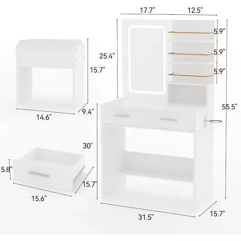 COZONY Vanity Desk with Mirror and Lights, Makeup Vanity Table with 2 Drawers, Open Storage Shelves Cabinet, Adjustable 3 Lighting Modes for Bedroom