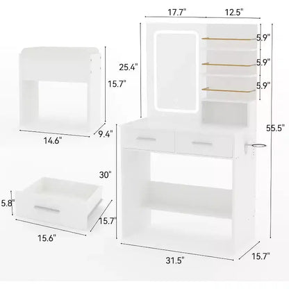COZONY Vanity Desk with Mirror and Lights, Makeup Vanity Table with 2 Drawers, Open Storage Shelves Cabinet, Adjustable 3 Lighting Modes for Bedroom