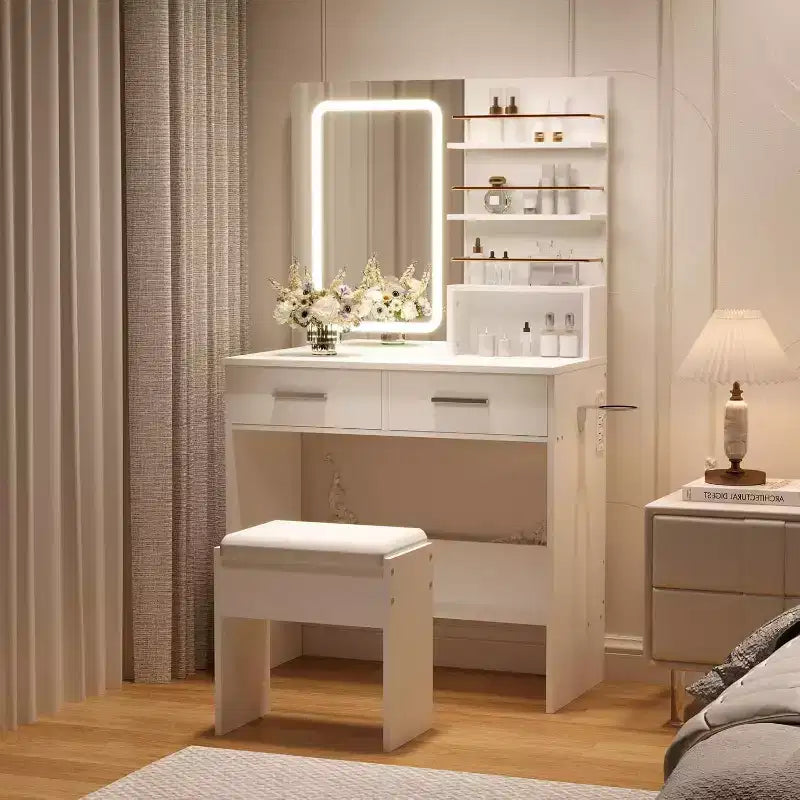 COZONY Vanity Desk with Mirror and Lights, Makeup Vanity Table with 2 Drawers, Open Storage Shelves Cabinet, Adjustable 3 Lighting Modes for Bedroom
