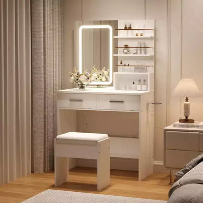 COZONY Vanity Desk with Mirror and Lights, Makeup Vanity Table with 2 Drawers, Open Storage Shelves Cabinet, Adjustable 3 Lighting Modes for Bedroom