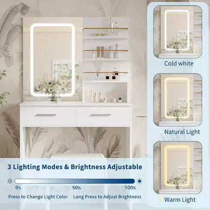 COZONY Vanity Desk with Mirror and Lights, Makeup Vanity Table with 2 Drawers, Open Storage Shelves Cabinet, Adjustable 3 Lighting Modes for Bedroom