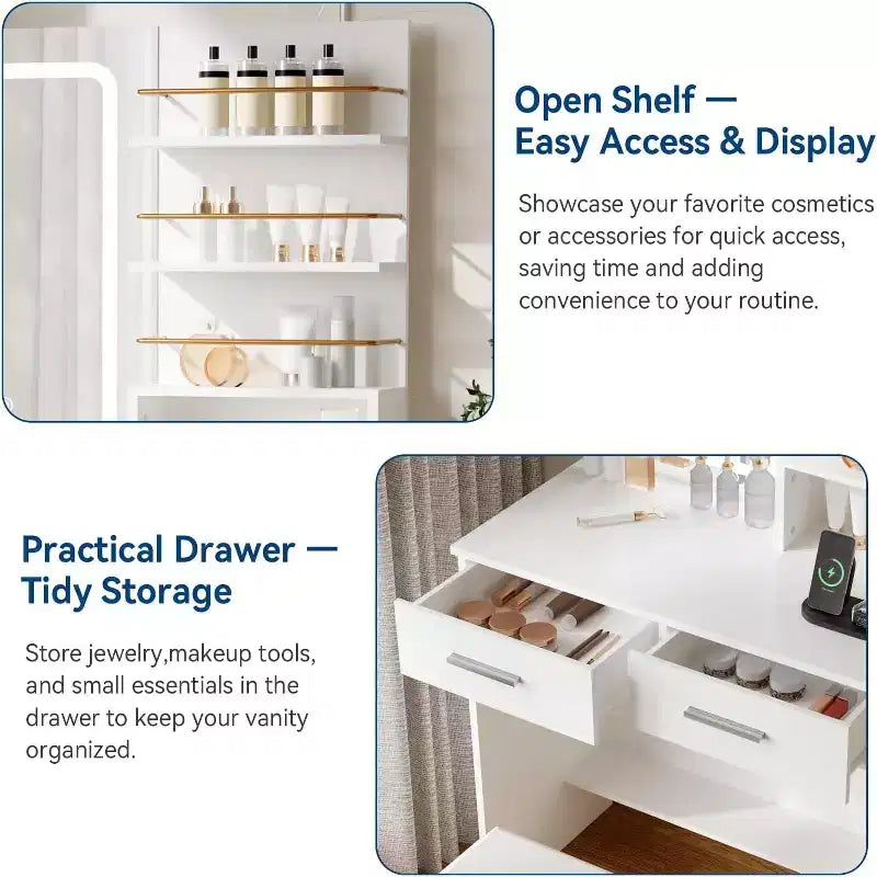 COZONY Vanity Desk with Mirror and Lights, Makeup Vanity Table with 2 Drawers, Open Storage Shelves Cabinet, Adjustable 3 Lighting Modes for Bedroom