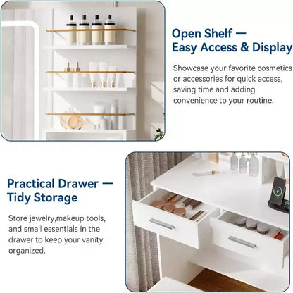 COZONY Vanity Desk with Mirror and Lights, Makeup Vanity Table with 2 Drawers, Open Storage Shelves Cabinet, Adjustable 3 Lighting Modes for Bedroom