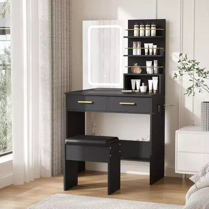 COZONY Vanity Desk with Mirror and Lights, Makeup Vanity Table with 2 Drawers, Open Storage Shelves Cabinet, Adjustable 3 Lighting Modes for Bedroom