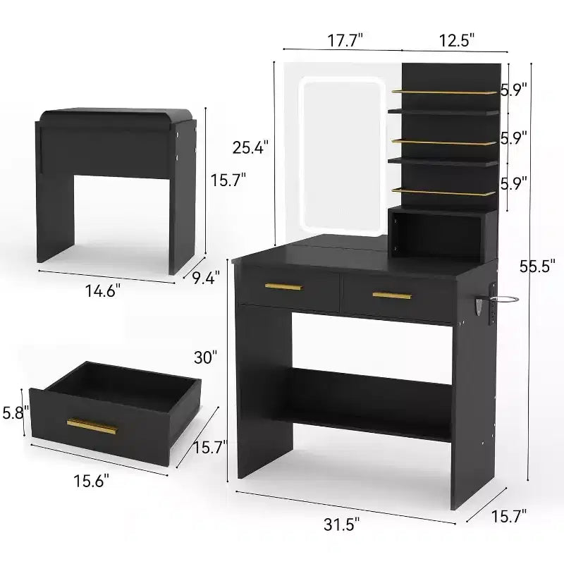 COZONY Vanity Desk with Mirror and Lights, Makeup Vanity Table with 2 Drawers, Open Storage Shelves Cabinet, Adjustable 3 Lighting Modes for Bedroom