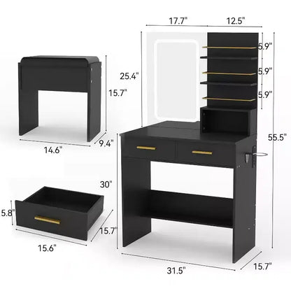 COZONY Vanity Desk with Mirror and Lights, Makeup Vanity Table with 2 Drawers, Open Storage Shelves Cabinet, Adjustable 3 Lighting Modes for Bedroom