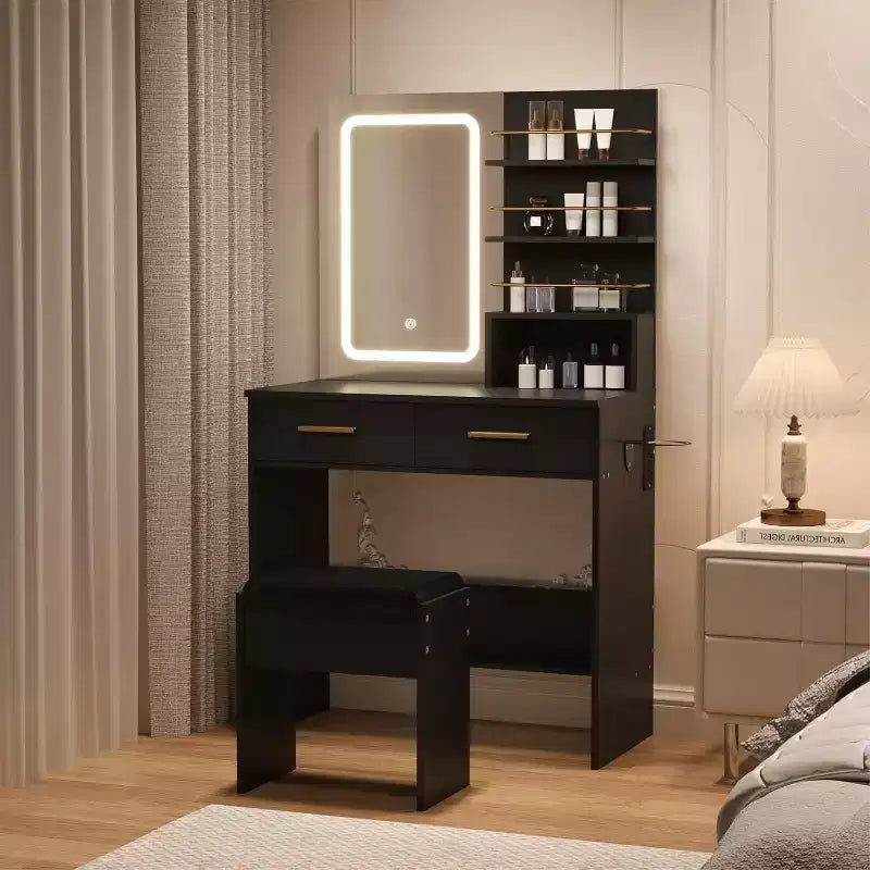 COZONY Vanity Desk with Mirror and Lights, Makeup Vanity Table with 2 Drawers, Open Storage Shelves Cabinet, Adjustable 3 Lighting Modes for Bedroom
