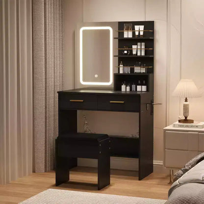 COZONY Vanity Desk with Mirror and Lights, Makeup Vanity Table with 2 Drawers, Open Storage Shelves Cabinet, Adjustable 3 Lighting Modes for Bedroom