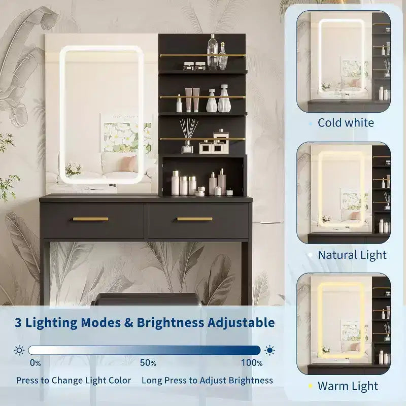 COZONY Vanity Desk with Mirror and Lights, Makeup Vanity Table with 2 Drawers, Open Storage Shelves Cabinet, Adjustable 3 Lighting Modes for Bedroom