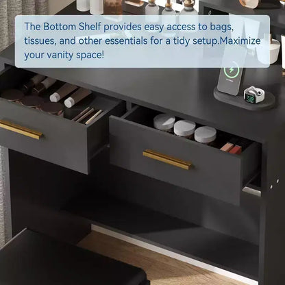 COZONY Vanity Desk with Mirror and Lights, Makeup Vanity Table with 2 Drawers, Open Storage Shelves Cabinet, Adjustable 3 Lighting Modes for Bedroom