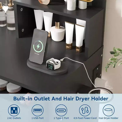 COZONY Vanity Desk with Mirror and Lights, Makeup Vanity Table with 2 Drawers, Open Storage Shelves Cabinet, Adjustable 3 Lighting Modes for Bedroom