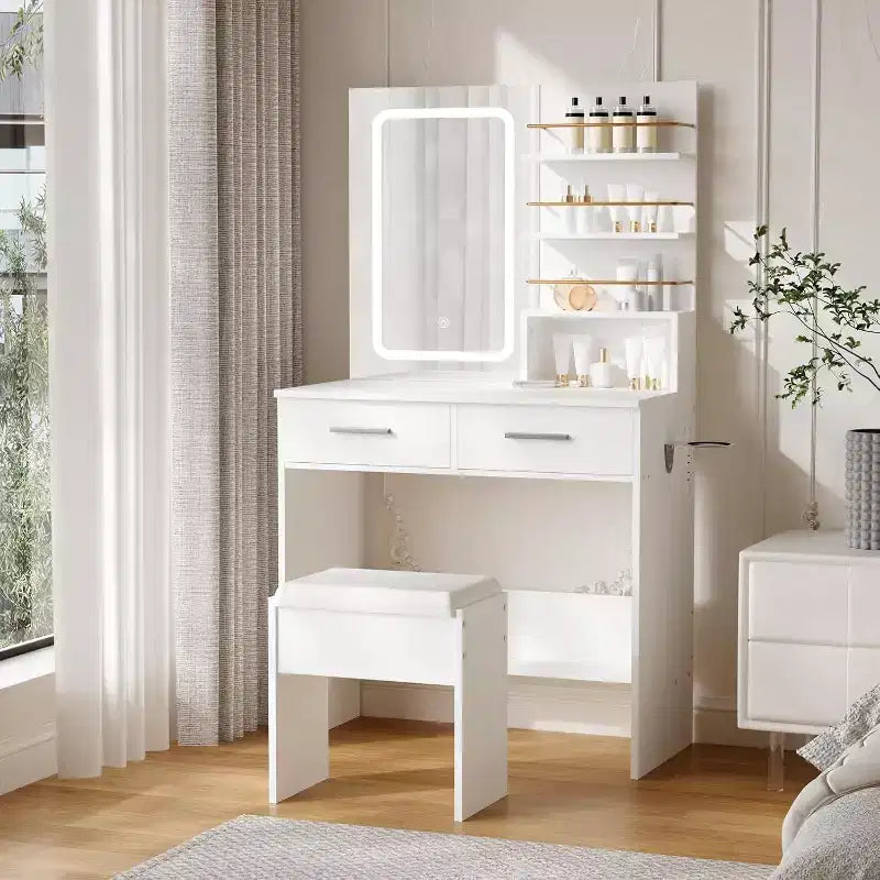 COZONY Vanity Desk with Mirror and Lights, Makeup Vanity Table with 2 Drawers, Open Storage Shelves Cabinet, Adjustable 3 Lighting Modes for Bedroom