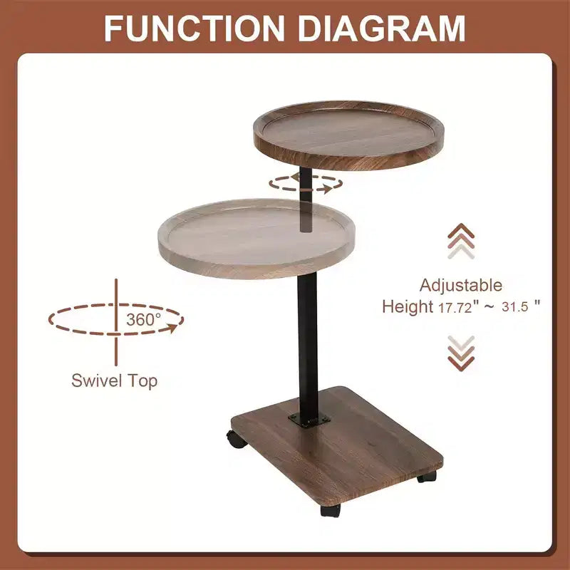 Table basse en forme de C, table d'appoint rotative à 360° pour petits espaces, table de chevet ronde mobile réglable en hauteur pour salon et chambre
