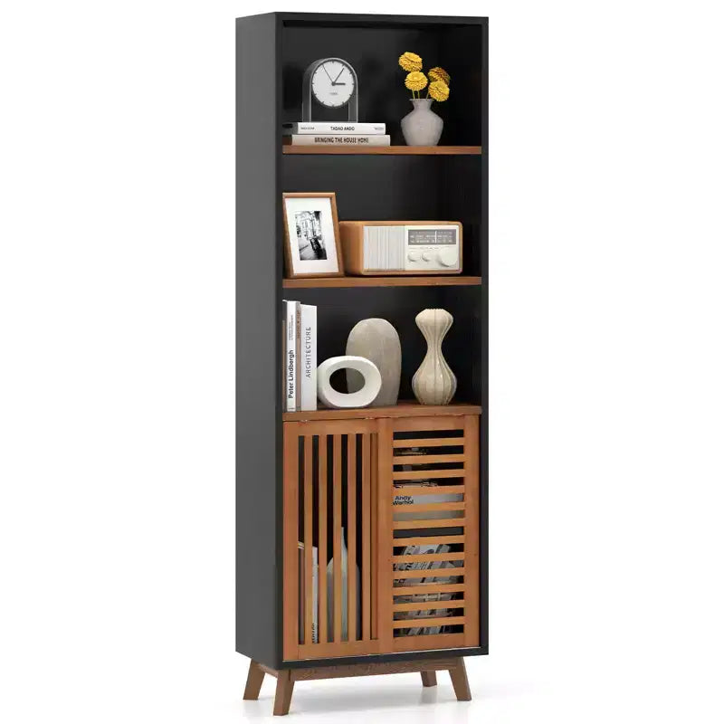 Costway 70 Bookshelf, 5-Tier Bookcase with Reversible Adjustable Shelf & Sliding Doors