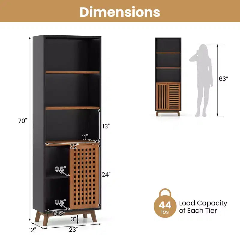 Costway 70 Bookshelf, 5-Tier Bookcase with Reversible Adjustable Shelf & Sliding Doors