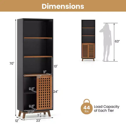 Costway 70 Bookshelf, 5-Tier Bookcase with Reversible Adjustable Shelf & Sliding Doors