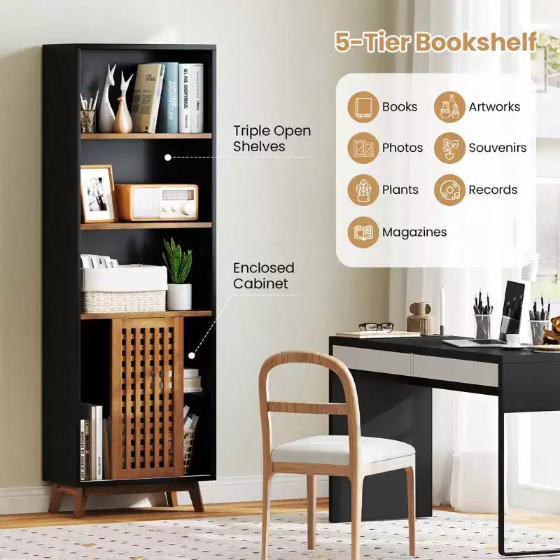 Costway 70 Bookshelf, 5-Tier Bookcase with Reversible Adjustable Shelf & Sliding Doors