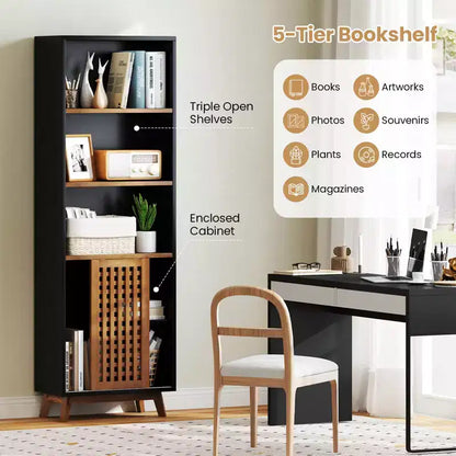 Costway 70 Bookshelf, 5-Tier Bookcase with Reversible Adjustable Shelf & Sliding Doors