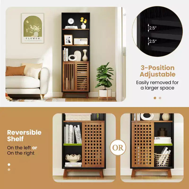Costway 70 Bookshelf, 5-Tier Bookcase with Reversible Adjustable Shelf & Sliding Doors