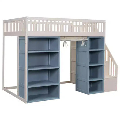 Lit mezzanine pleine grandeur avec 2 étagères à quatre niveaux et escalier de rangement, cadre de lit en bois avec rideau et armoires de rangement, blanc