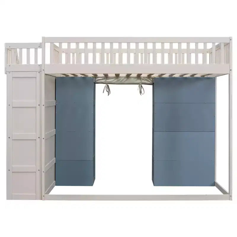 Lit mezzanine pleine grandeur avec 2 étagères à quatre niveaux et escalier de rangement, cadre de lit en bois avec rideau et armoires de rangement, blanc
