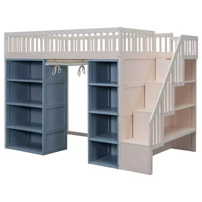 Lit mezzanine pleine grandeur avec 2 étagères à quatre niveaux et escalier de rangement, cadre de lit en bois avec rideau et armoires de rangement, blanc