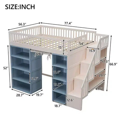 Lit mezzanine pleine grandeur avec 2 étagères à quatre niveaux et escalier de rangement, cadre de lit en bois avec rideau et armoires de rangement, blanc