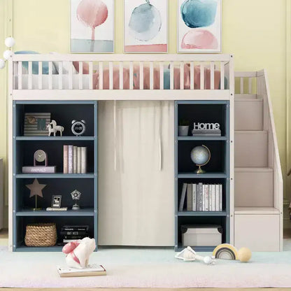 Lit mezzanine pleine grandeur avec 2 étagères à quatre niveaux et escalier de rangement, cadre de lit en bois avec rideau et armoires de rangement, blanc