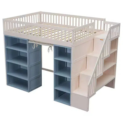 Lit mezzanine pleine grandeur avec 2 étagères à quatre niveaux et escalier de rangement, cadre de lit en bois avec rideau et armoires de rangement, blanc