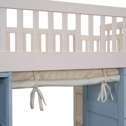 Lit mezzanine pleine grandeur avec 2 étagères à quatre niveaux et escalier de rangement, cadre de lit en bois avec rideau et armoires de rangement, blanc