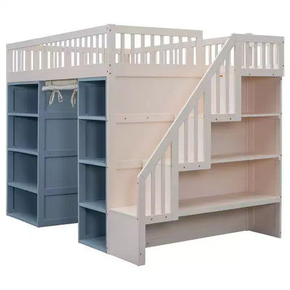 Lit mezzanine pleine grandeur avec 2 étagères à quatre niveaux et escalier de rangement, cadre de lit en bois avec rideau et armoires de rangement, blanc