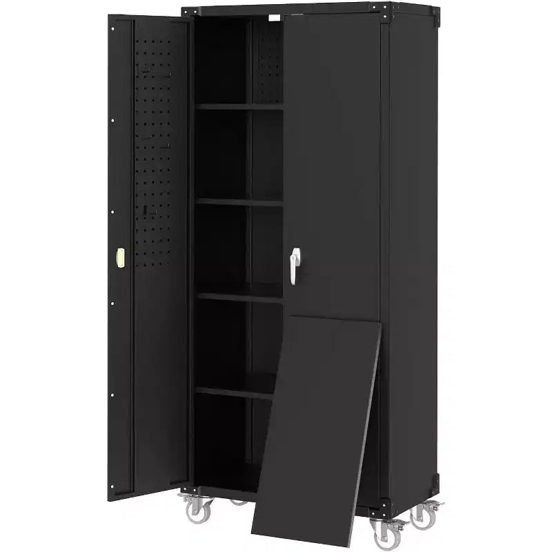 COZONY 72 Garage Storage Cabinet with Wheels & Pegboard, Lockable Metal Cabinet with 2 Doors and 4 Adjustable Shelves for Workshop Home Office