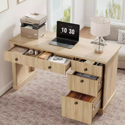 GustoWave Fluted Home Office Desk Storage, 54 Modern Executive Desk, Wooden Computer Writing Desk with File Cabinet & Drawers